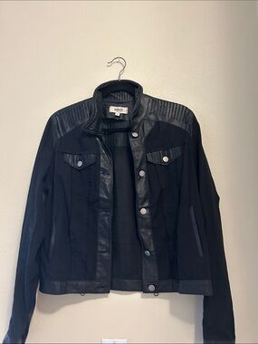 Jakett Black Mixed-Media leather and linen Perforated Yoke
